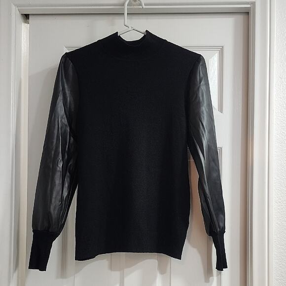 Sioni Black Sweater with Leather-Style Sleeves - Picture 1 of 10